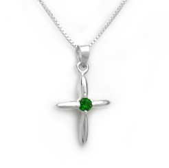 Sterling Silver Solitaire Crystal Cross Pendant Necklace, May Green