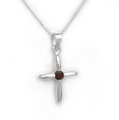 Sterling Silver Solitaire Crystal Cross Pendant Necklace, January Red