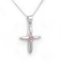 Sterling Silver Solitaire Crystal Cross Pendant Necklace, October Pink