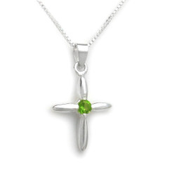 Sterling Silver Solitaire Crystal Cross Pendant Necklace, August Green