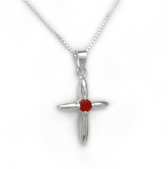Sterling Silver Solitaire Crystal Cross Pendant Necklace, July Red