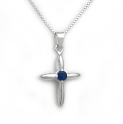 Sterling Silver Solitaire Crystal Cross Pendant Necklace, September Blue