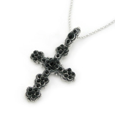 Sterling Silver Bead Encrusted Decorated Cross Pendant Necklace, Black