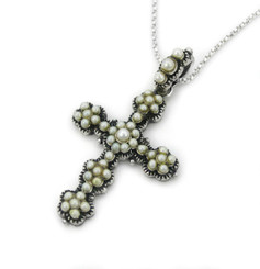 Sterling Silver Pearlized Bead Encrusted Decorated Cross Pendant Necklace, White