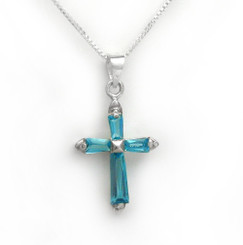 Sterling Silver Sparkling Stone Cross Pendant Necklace, December Blue