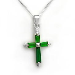 Sterling Silver Sparkling Stone Cross Pendant Necklace, May Green