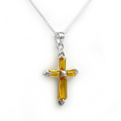 Sterling Silver Sparkling Stone Cross Pendant Necklace, November Yellow