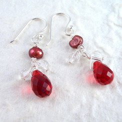 Sterling Silver Suzie Teardrop Cultured Pearl Beads Drop Earrings, Red