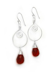 Sterling Silver Wire Work Teardrop Charm Stone Drop Earrings, Red