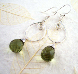 Sterling Silver Wire Work Teardrop Charm Stone Drop Earrings, Olive Green