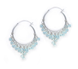 Sterling Silver Hoop Sparkling Crystals Wire Wrapped Cluster Earrings, Light Blue