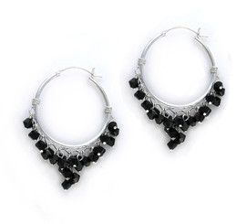 Sterling Silver Hoop Sparkling Crystals Wire Wrapped Cluster Earrings, Black