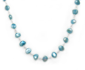 Sterling Silver Cultured Pearl Wirewrapped Link Necklace, Sky Blue