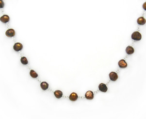 Sterling Silver Cultured Pearl Wirewrapped Link Necklace, Brown