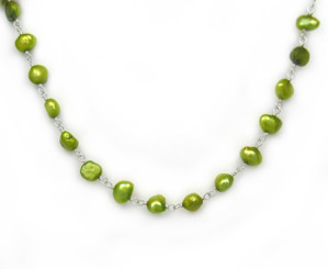 Sterling Silver Cultured Pearl Wirewrapped Link Necklace, Spring Green