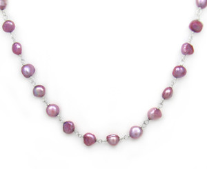 Sterling Silver Cultured Pearl Wirewrapped Link Necklace, Purple