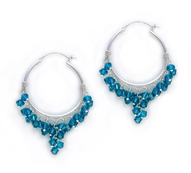 Sterling Silver Hoop Sparkling Crystals Wire Wrapped Cluster Earrings, Deep Blue