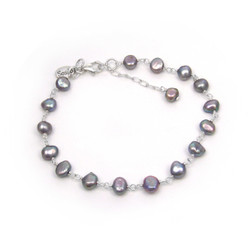 Sterling Silver Cultured Pearl Wirewarpped Link Bracelet, Gray