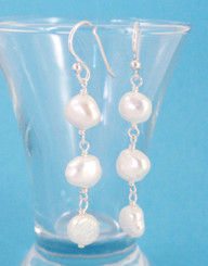 Sterling Silver Cultured Pearl Wirewrapped Link Earrings, White