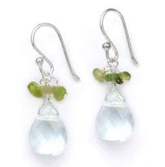 Sterling Silver Crystal Briolette Drops and Stone Cluster Earrings, Aqua
