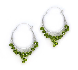 Sterling Silver Hoop Sparkling Crystals Wire Wrapped Cluster Earrings, Olive Green