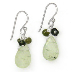 Sterling Silver Stone Briolette Drops and Stone Cluster Earrings, Prehnite