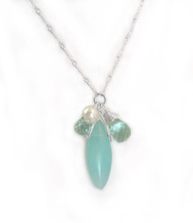 Sterling Silver Eliptical Cut Stone Cluster Pendant Necklace, Aqua