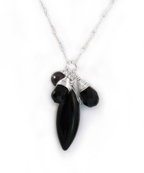 Sterling Silver Eliptical Cut Stone Cluster Pendant Necklace, Black