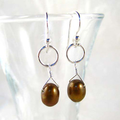 Sterling Silver Circle Charm Top Drill Cultured Pearl Drop Earrings, Brown