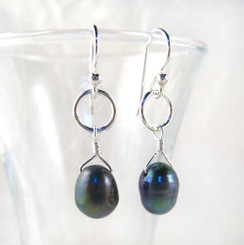 Sterling Silver Circle Charm Top Drill Cultured Pearl Drop Earrings, Peacock