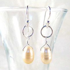 Sterling Silver Circle Charm Top Drill Cultured Pearl Drop Earrings, Champagne
