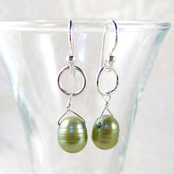 Sterling Silver Circle Charm Top Drill Cultured Pearl Drop Earrings, Spring green