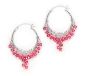 Sterling Silver Hoop Sparkling Crystals Wire Wrapped Cluster Earrings, Rose