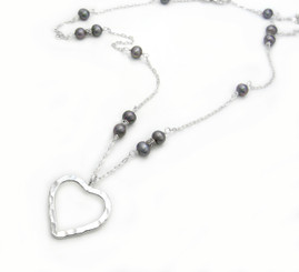 Sterling Silver Textured Heart Cultured Pearl Pendant Necklace, Peacock