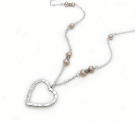 Sterling Silver Textured Heart Cultured Pearl Pendant Necklace, Pink