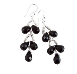 Sterling Silver Faceted Teardrops Tiered Wire-Wrapped Earrings, Black