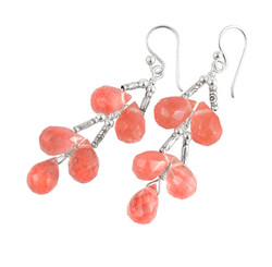 Sterling Silver Faceted Teardrops Tiered Wire-Wrapped Earrings, Cherry Quartz