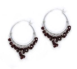 Sterling Silver Hoop Sparkling Crystals Wire Wrapped Cluster Earrings, Siam Red