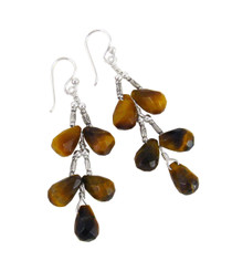 Sterling Silver Faceted Teardrops Tiered Wire-Wrapped Earrings, Tiger's Eye