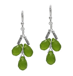 Sterling Silver Faceted Teardrops Three Stone Wire-Wrapped Earrings, Spring Green