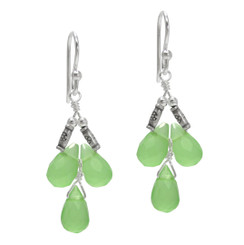 Sterling Silver Faceted Teardrops Three Stone Wire-Wrapped Earrings, Sea Green
