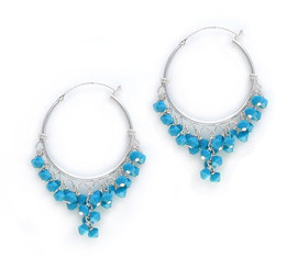 Sterling Silver Hoop Sparkling Crystals Wire Wrapped Cluster Earrings, Sky Blue