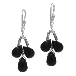 Sterling Silver Faceted Teardrops Three Stone Wire-Wrapped Earrings, Black