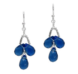 Sterling Silver Faceted Teardrops Three Stone Wire-Wrapped Earrings, Midnight Blue