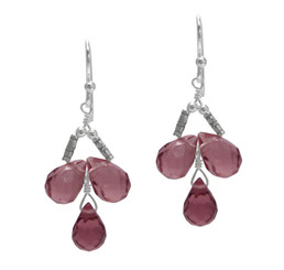 Sterling Silver Faceted Teardrops Three Stone Wire-Wrapped Earrings, Purple