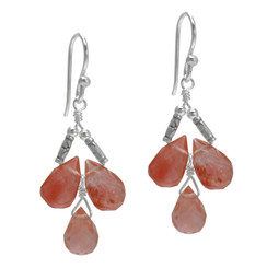 Sterling Silver Faceted Teardrops Three Stone Wire-Wrapped Earrings, Cherry Quartz