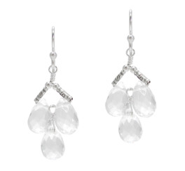 Sterling Silver Faceted Teardrops Three Stone Wire-Wrapped Earrings, Clear