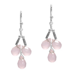 Sterling Silver Faceted Teardrops Three Stone Wire-Wrapped Earrings, Pink