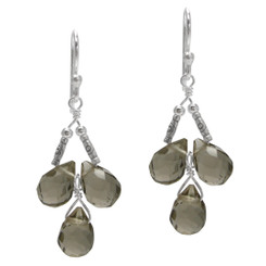 Sterling Silver Faceted Teardrops Three Stone Wire-Wrapped Earrings, Smoke