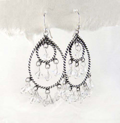 Sterling Silver Twist Rope Teardrop Circle Open Chandelier Earrings, Clear